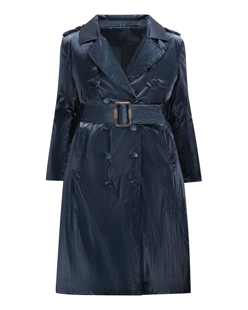 Front of a size 3X The Cameron Metallic Trench Coat in Navy by Hilary MacMillan. | dia_product_style_image_id:330540